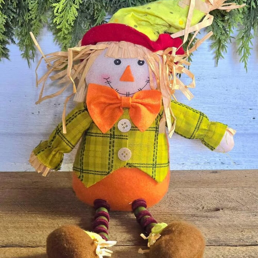 Orange & Green Scarecrow Beaded Shelf Sitter Fall Harvest Halloween Decor